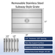 Leyso 24 x 30 in 14-Gauge Stainless Steel Floor Trough Drain - Removable Grate + Strainer Basket