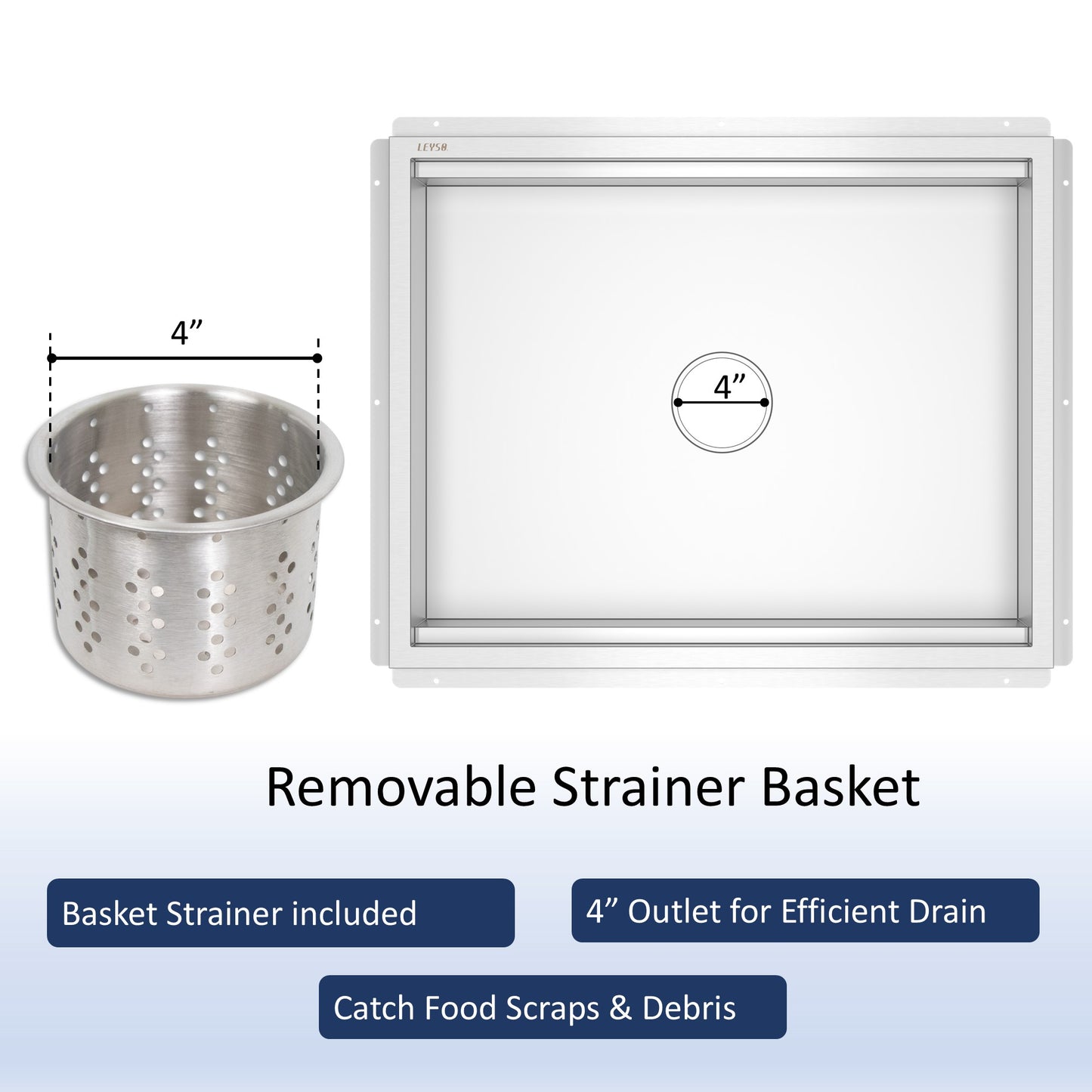 Leyso 24 x 30 in 14-Gauge Stainless Steel Floor Trough Drain - Removable Grate + Strainer Basket