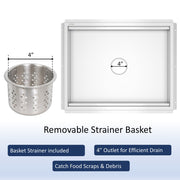 Leyso 24 x 30 in 14-Gauge Stainless Steel Floor Trough Drain - Removable Grate + Strainer Basket