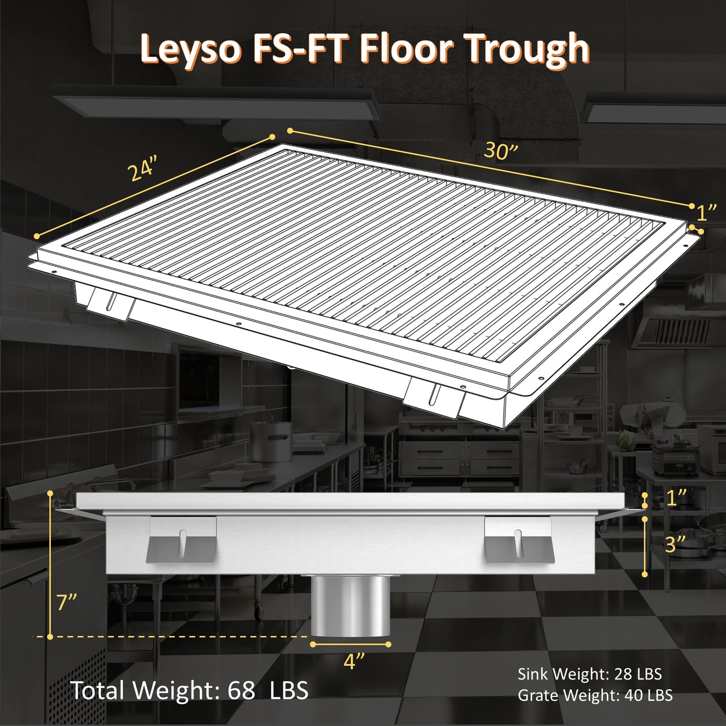 Leyso 24 x 30 in 14-Gauge Stainless Steel Floor Trough Drain - Removable Grate + Strainer Basket