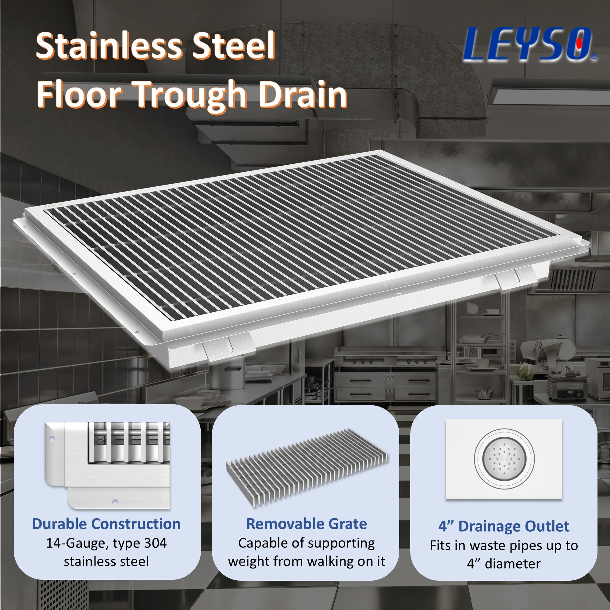 Leyso 24 x 42 in 14-Gauge Stainless Steel Floor Trough Drain - Removable Grate + Strainer Basket