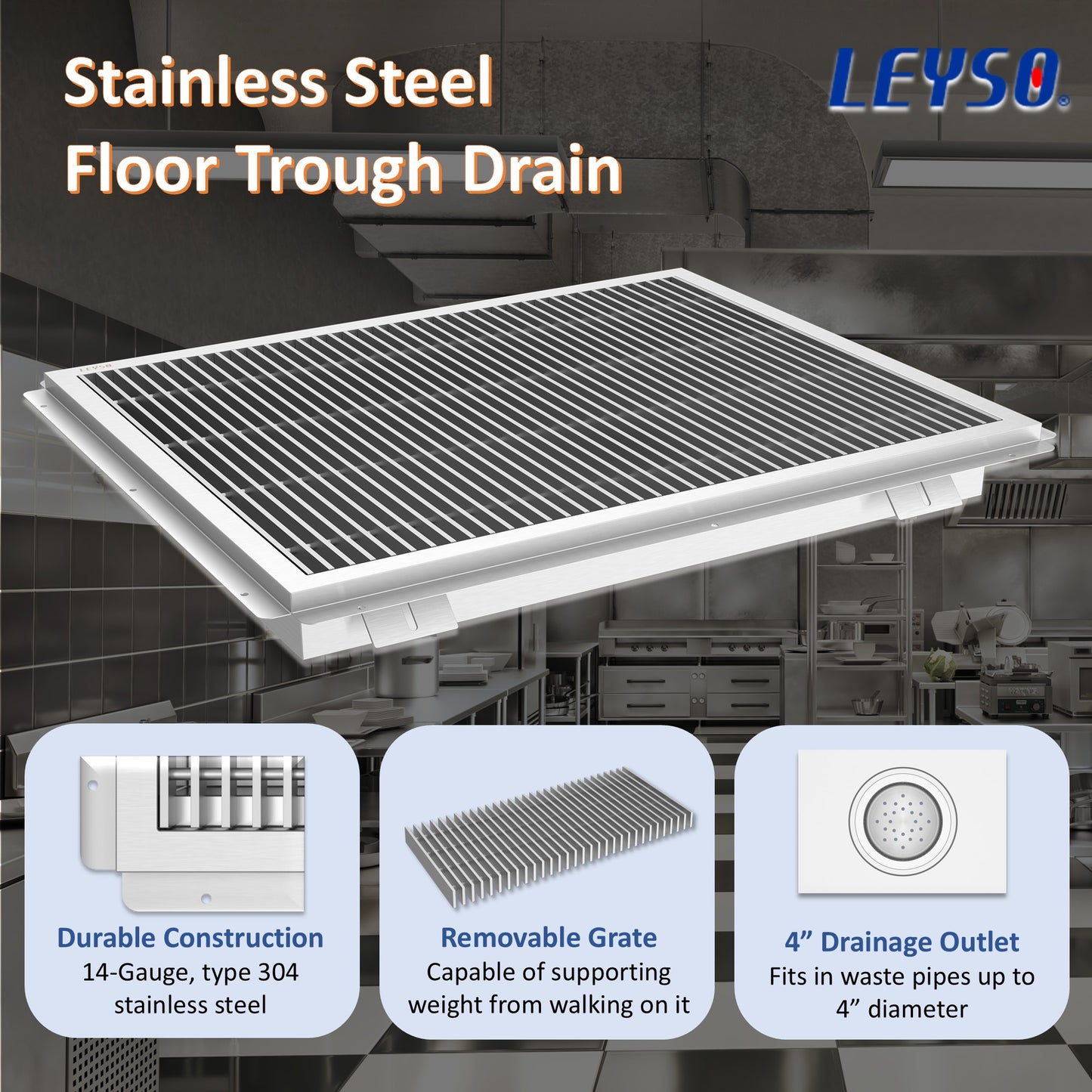 Leyso 24 x 42 in 14-Gauge Stainless Steel Floor Trough Drain - Removable Grate + Strainer Basket