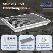 Leyso 24 x 42 in 14-Gauge Stainless Steel Floor Trough Drain - Removable Grate + Strainer Basket
