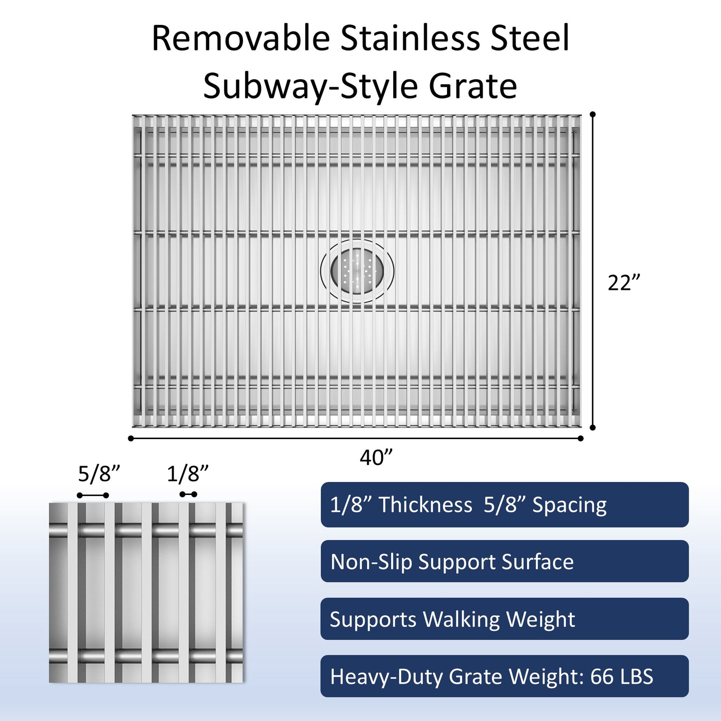 Leyso 24 x 42 in 14-Gauge Stainless Steel Floor Trough Drain - Removable Grate + Strainer Basket
