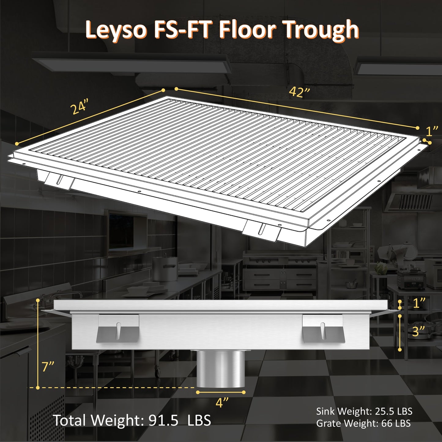 Leyso 24 x 42 in 14-Gauge Stainless Steel Floor Trough Drain - Removable Grate + Strainer Basket