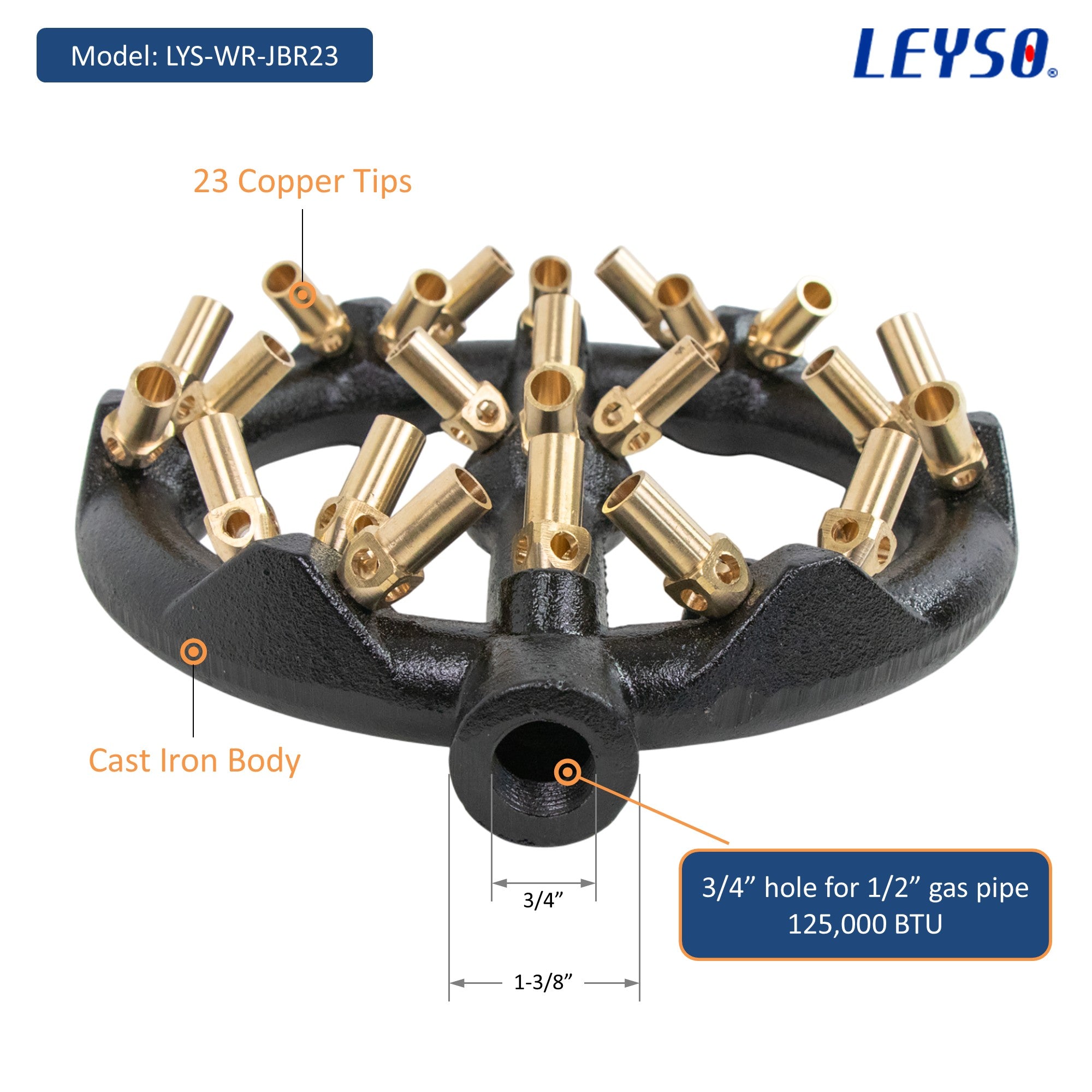 Leyso WR-JBR 23 Copper Tips Jet Burner Cast Iron Body for Chinese Wok Range, Grilling, Stir Fry, 125,000 BTU