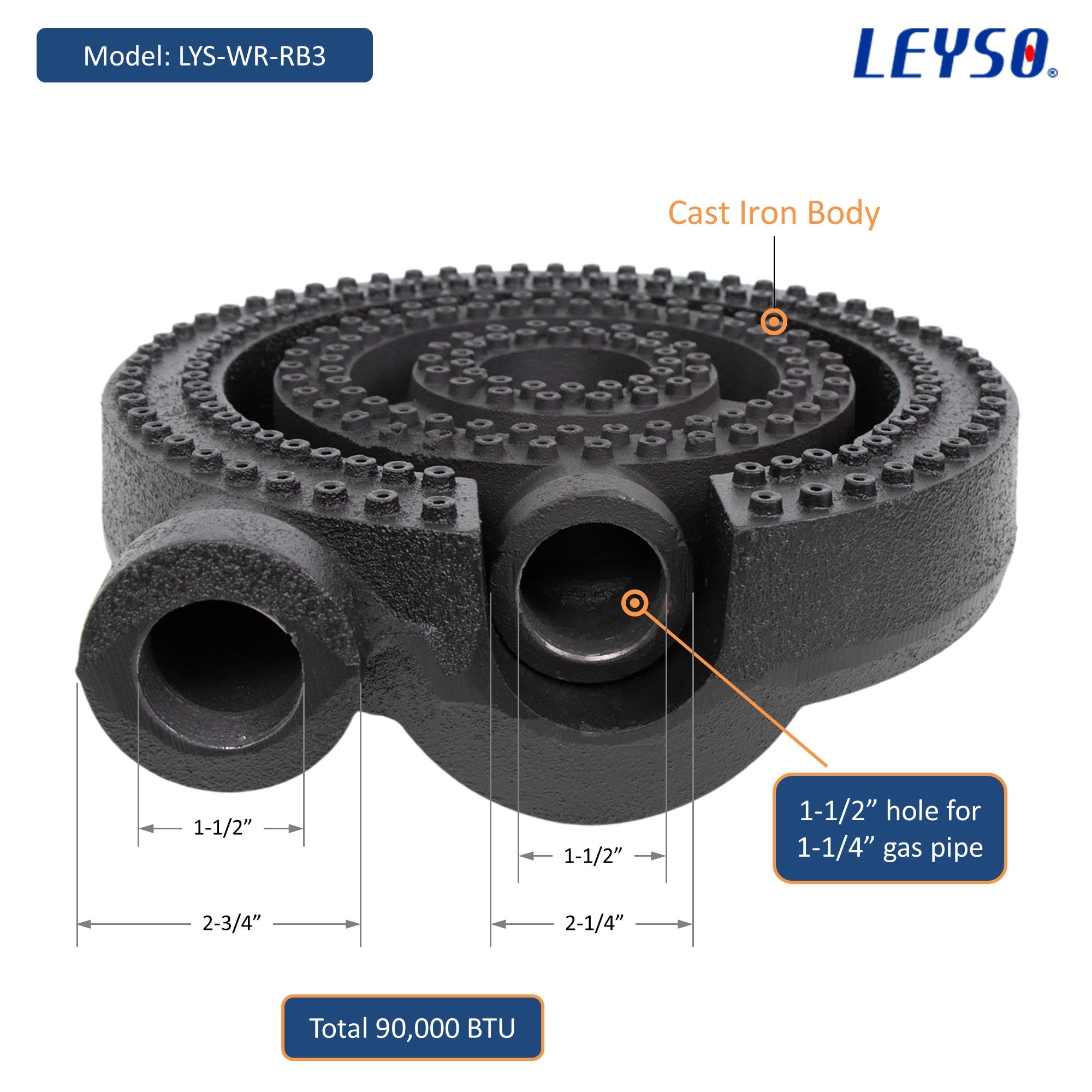 Leyso WR-RB3 Three Rings Burner with 2 Gas Pipes, 2 Air Shutters and Pilot Tip 1-1/2” Pipe 90,000 BTU for Stock Pots and Chinese Wok Ranges