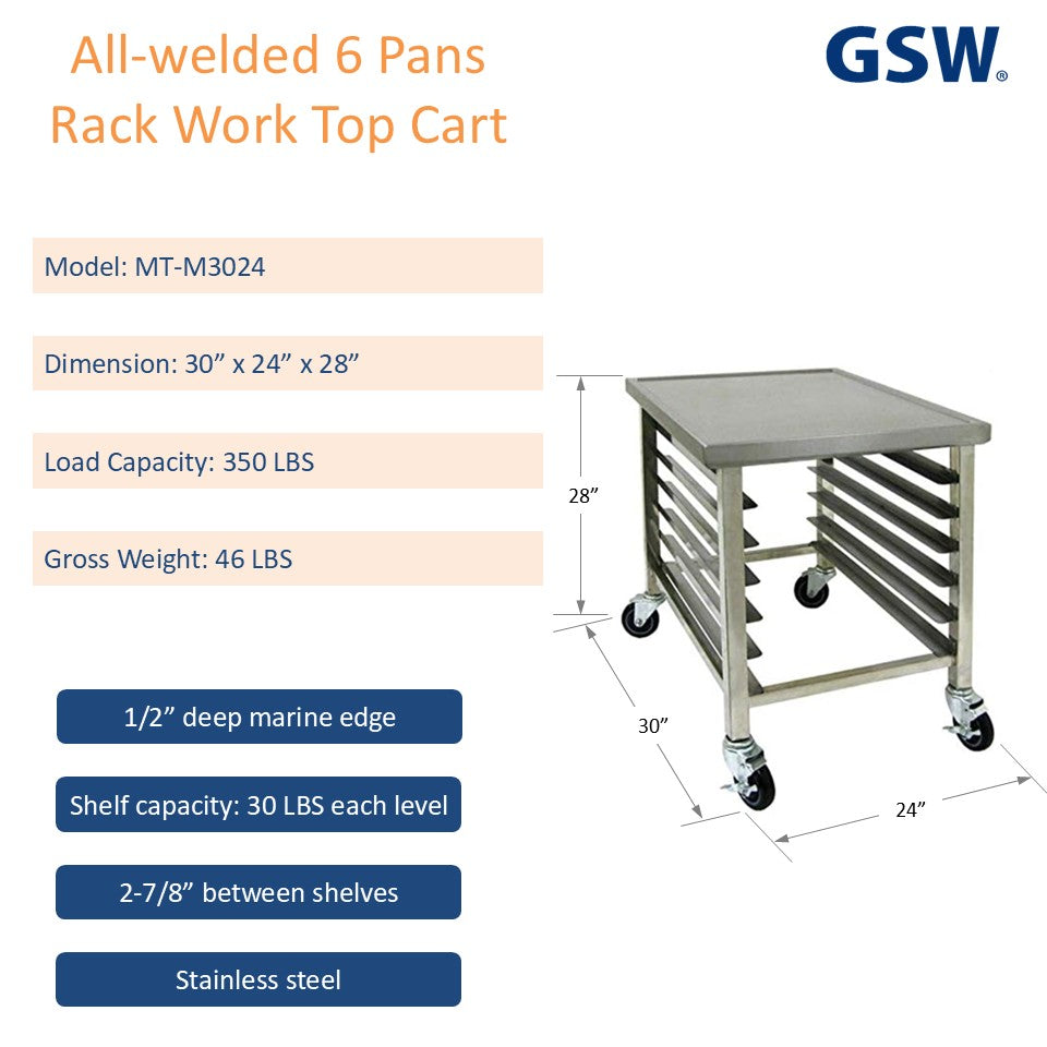 GSW MT-M3024 All Welded Stainless Steel 6 Pans Rack Worktop Cart with 1/2” Deep Marine Edge, for Commercial Kitchen 30” x 24” x 28”