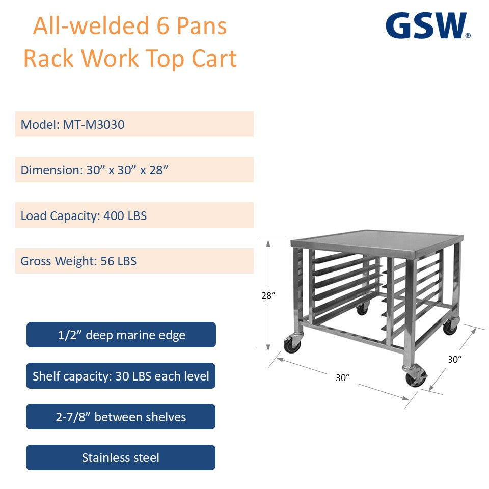 GSW MT-M3030 All Welded Stainless Steel 6 Pans Rack Worktop Cart with 1/2” Deep Marine Edge, for Commercial Kitchen 30” x 30” x 28”