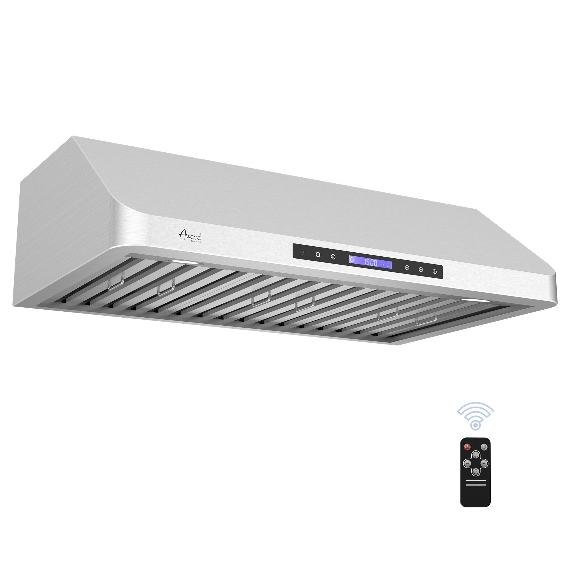 Awoco RH-S10-36 Supreme 10” High Stainless Steel Under Cabinet Range Hood 4 Speeds, 8” Round Top Vent, 1000CFM 2 LED Lights, Remote Control (36”W)