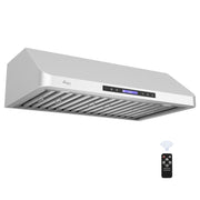 Awoco RH-S10-36 Supreme 10” High Stainless Steel Under Cabinet Range Hood 4 Speeds, 8” Round Top Vent, 1000CFM 2 LED Lights, Remote Control (36”W)