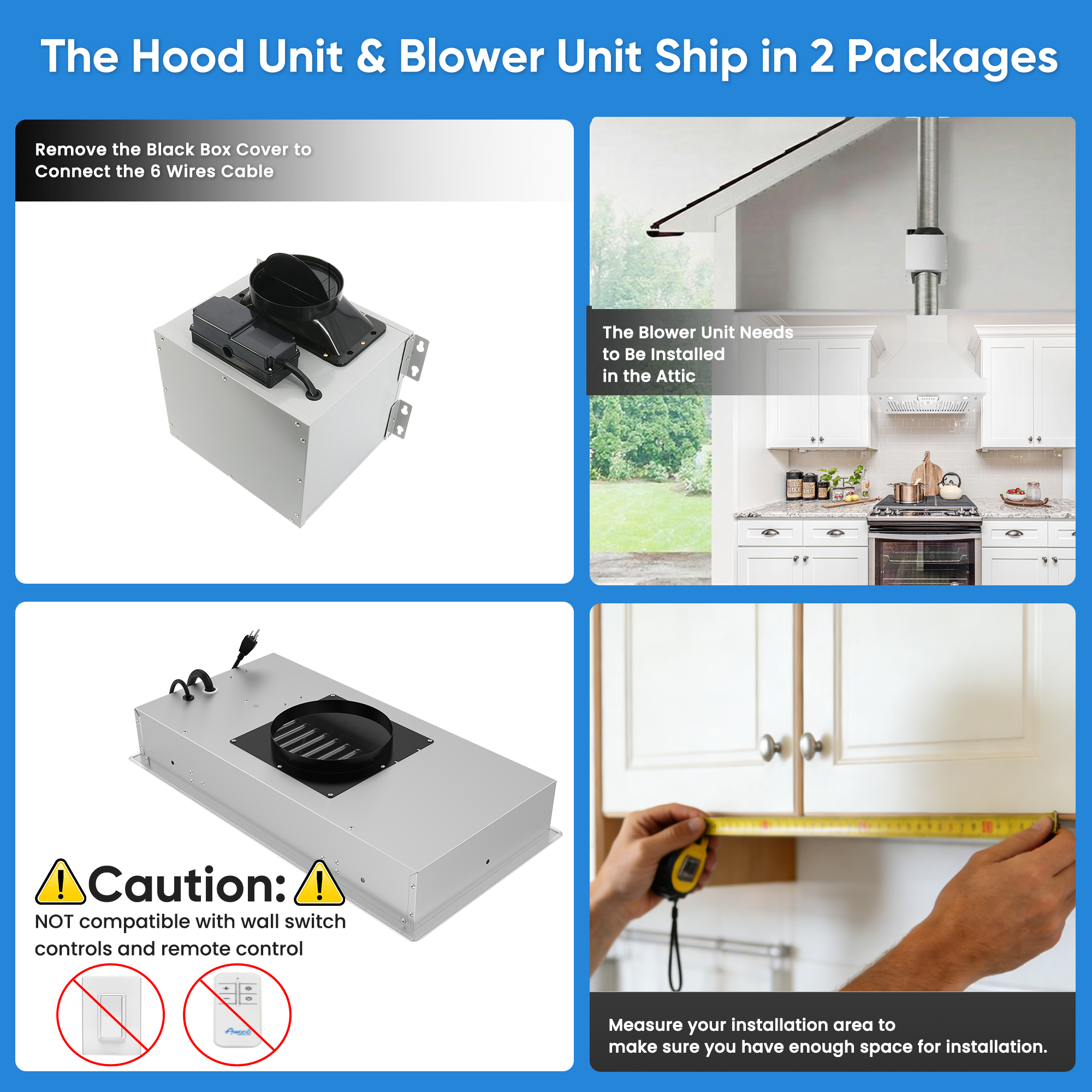 Awoco RH-IT08-M30 14-1/2"D Super Quiet Split Insert Stainless Steel Range Hood, 4-Speeds, 1000 CFM, Baffle Filters, LED Lights with 8” Blower (30"W 8" Vent)