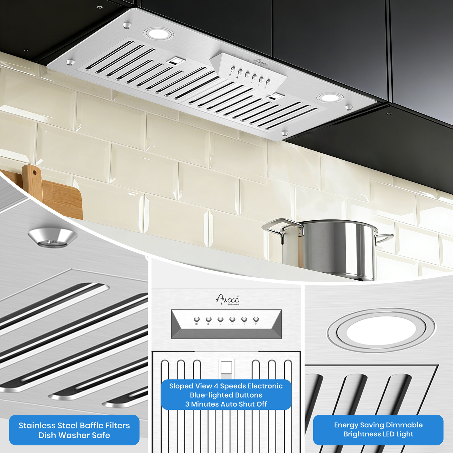 Awoco RH-IT08-M30 14-1/2"D Super Quiet Split Insert Stainless Steel Range Hood, 4-Speeds, 1000 CFM, Baffle Filters, LED Lights with 8” Blower (30"W 8" Vent)