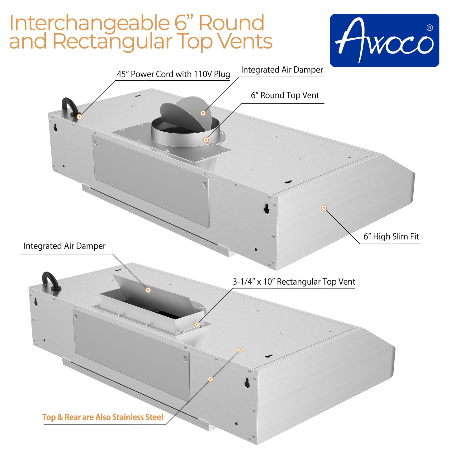 Awoco RH-C06-30 Classic 6" High Stainless Steel Under Cabinet 4 Speeds 900CFM Range Hood with 2 LED Lights (30"W Top Vent)