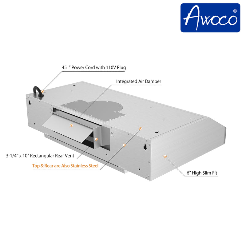Awoco RH-R06-36 Rectangle Vent 6" High Stainless Steel Under Cabinet 4 Speeds 900CFM Range Hood with LED Lights (36"W Rear Vent)