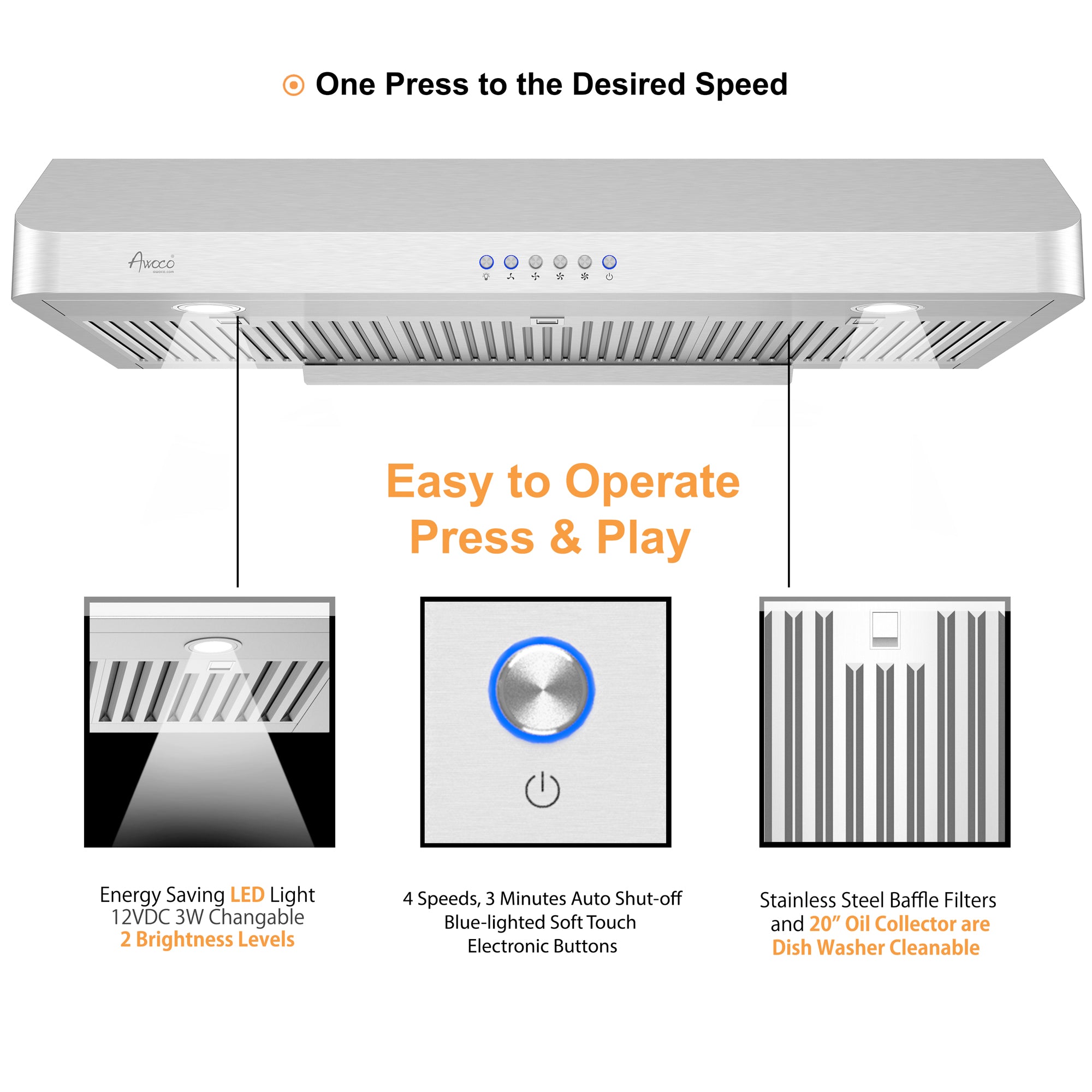 Awoco RH-R06-42 Rectangle Vent 6" High Stainless Steel Under Cabinet 4 Speeds 900CFM Range Hood with LED Lights (42"W Rear Vent)