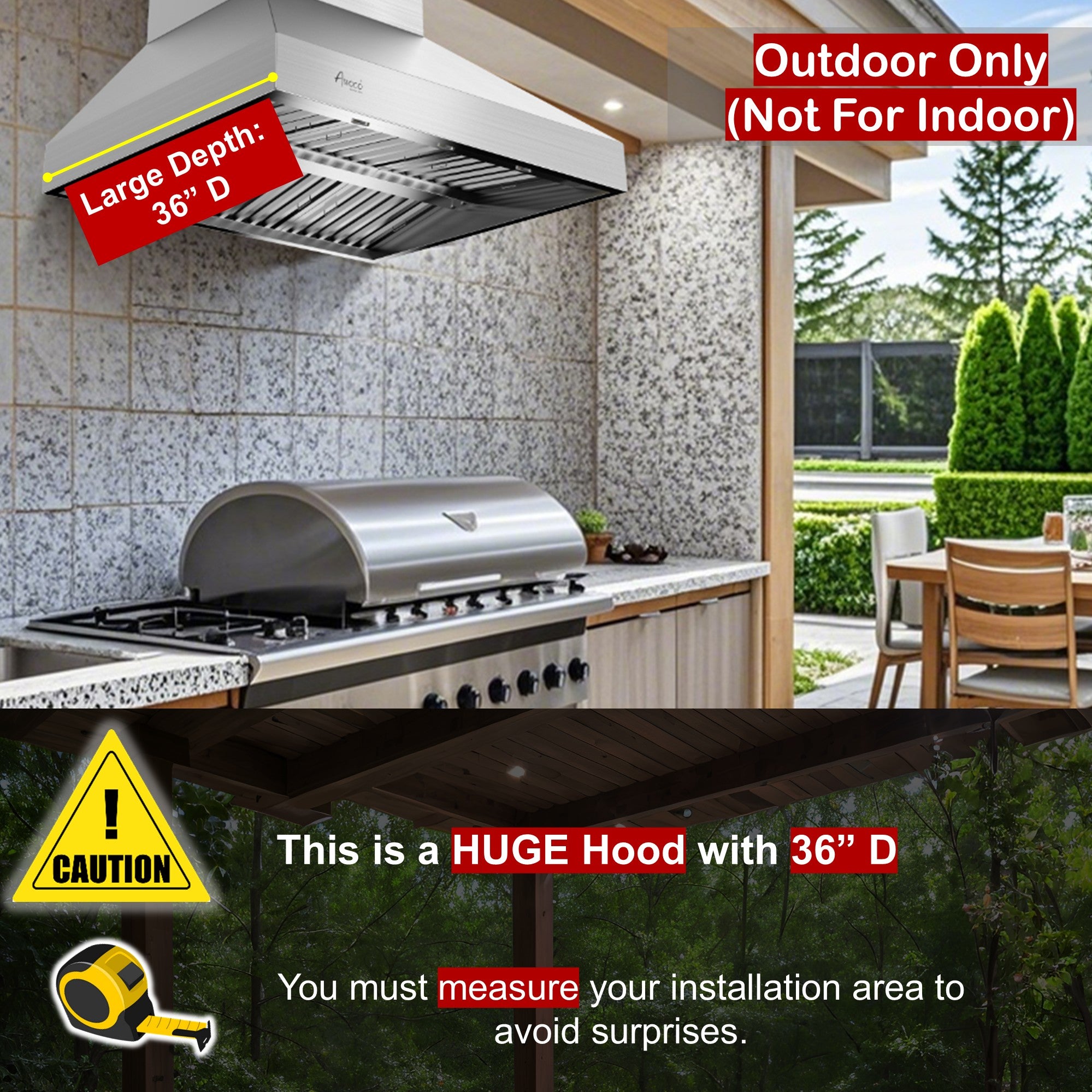 Awoco 42” Outdoor BBQ Wall Mount Vent Hood Type 304 Stainless Steel, 4 Speeds 1000 CFM, Adjustable LED Lights, 8” Round Top Vent