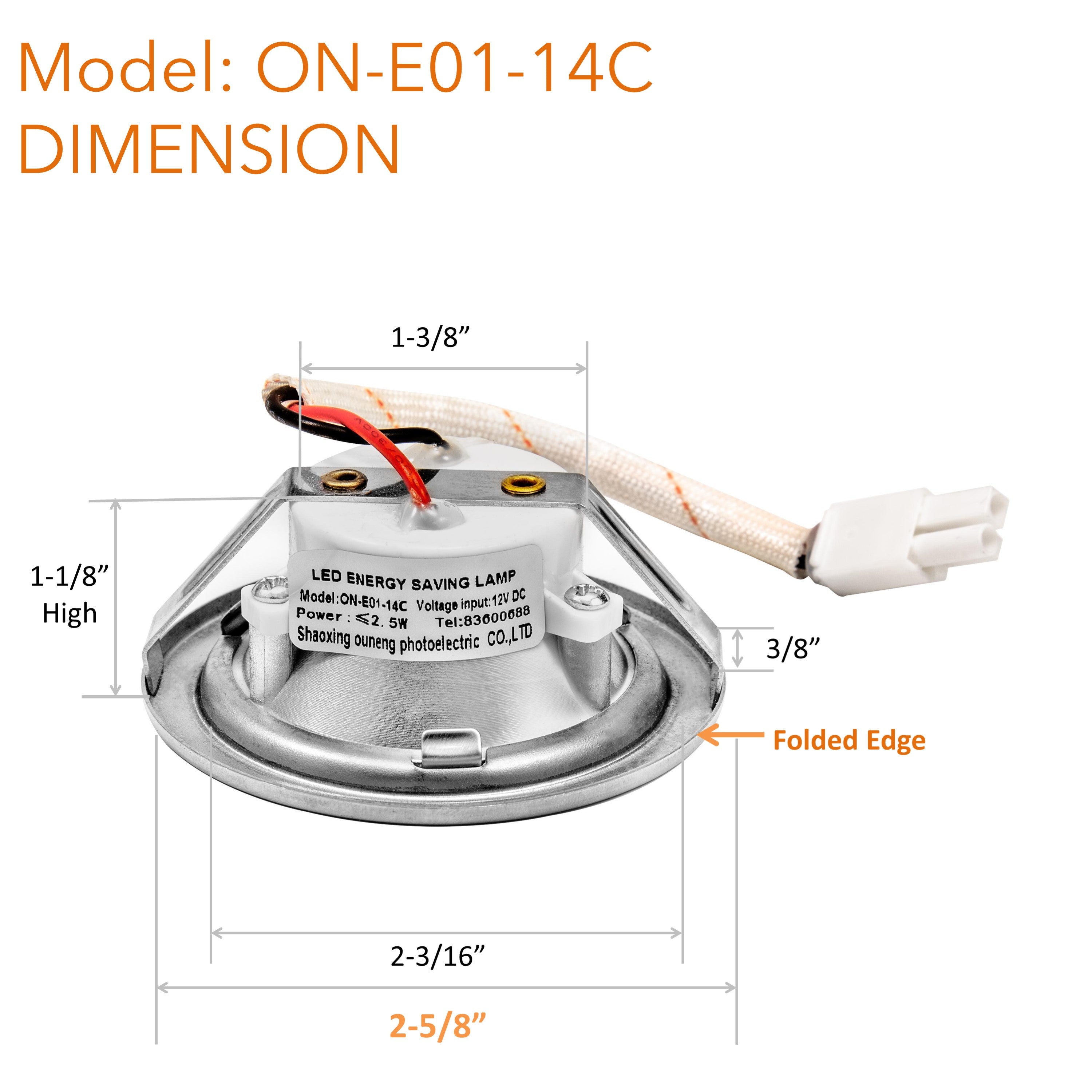 [2-5/8" Folded Edge] ON-E01-14C, 2 Pcs of 2-5/8” COLD White 12VDC LED Lights for Range Hood with Recessed Light Holes