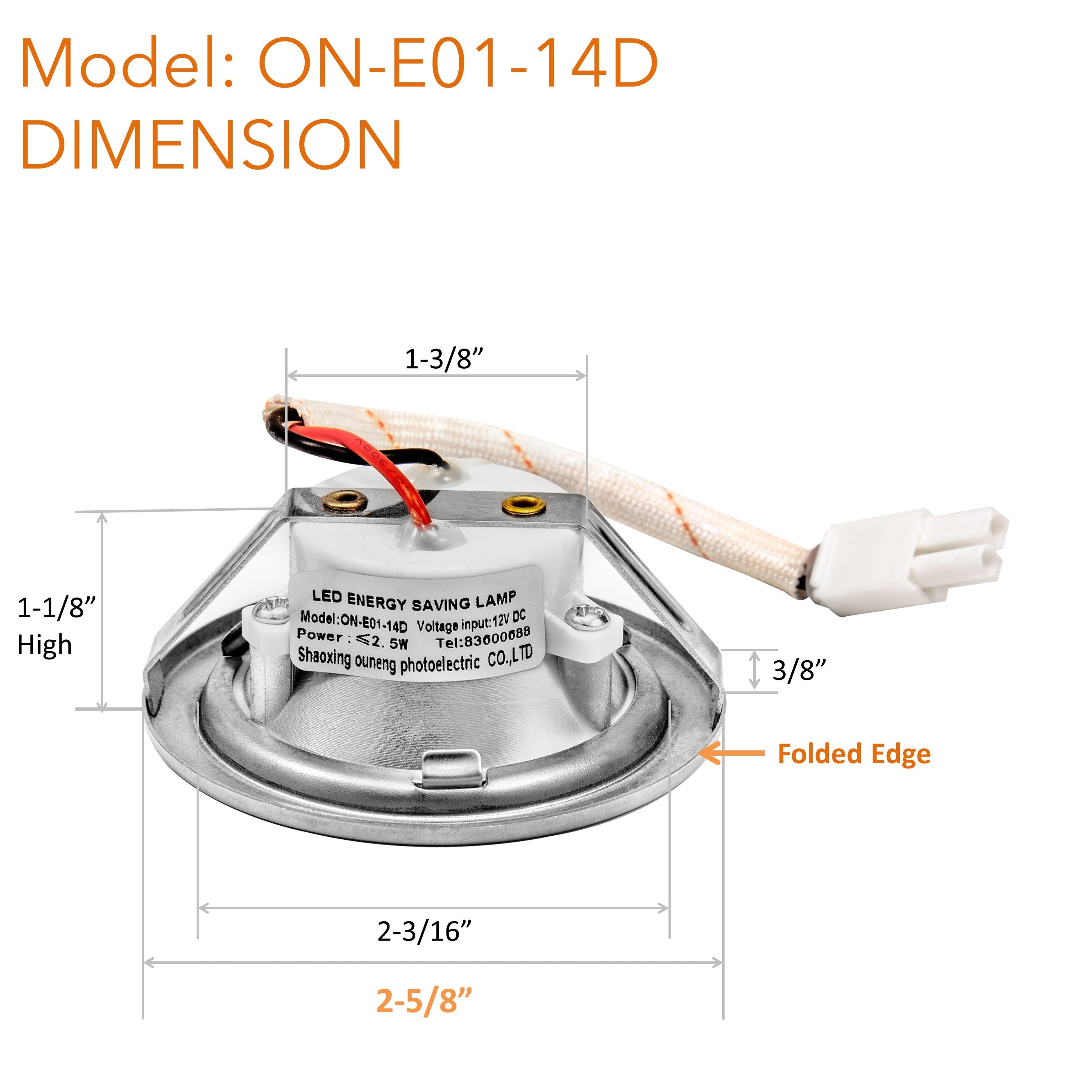 [2-5/8"Folded Edge] ON-E01-14D, 2 Pcs of 2-5/8” WARM 12VDC LED Lights for Range Hoods with Recessed Light Holes