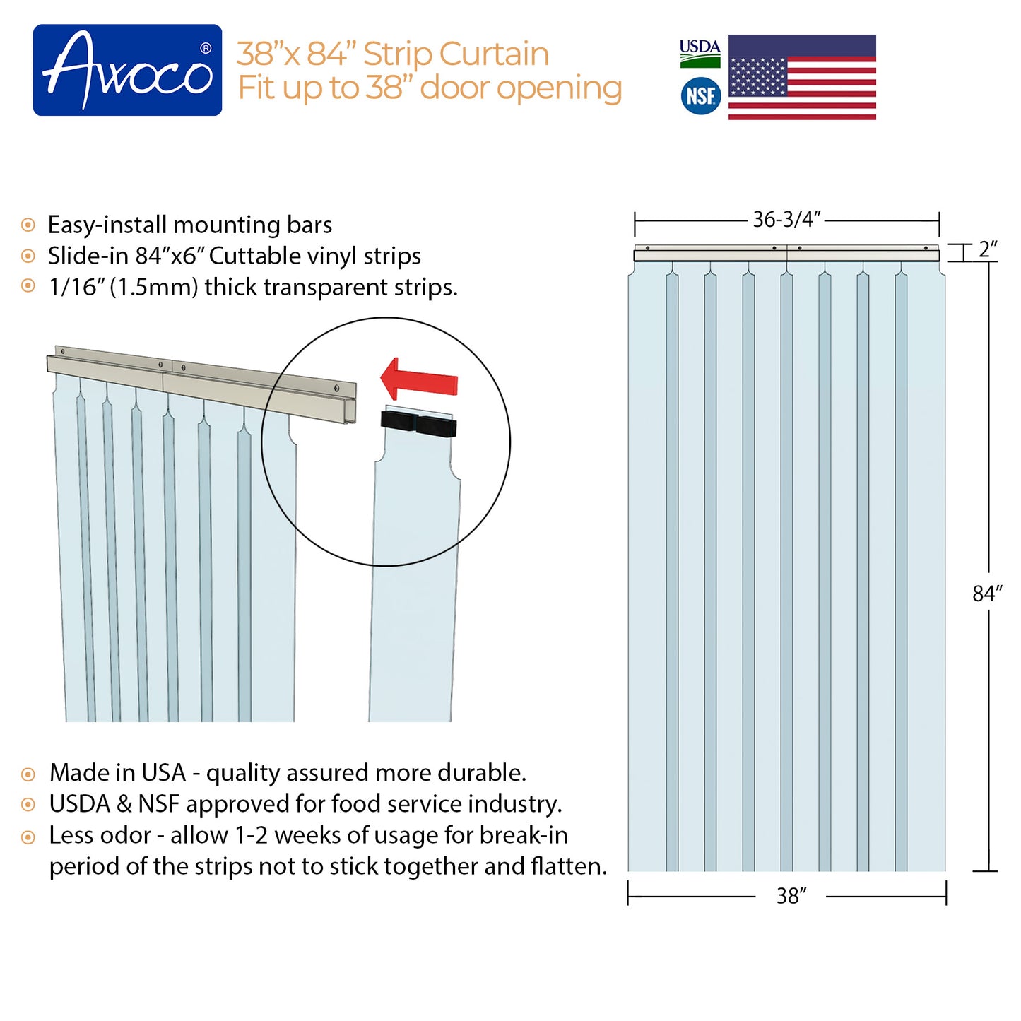 Awoco 38" x 84" Vinyl Strip Climate Control Curtain Kit, Slide-in Strips Perfect for Freezers, Coolers and Warehouse Doors NSF Approved