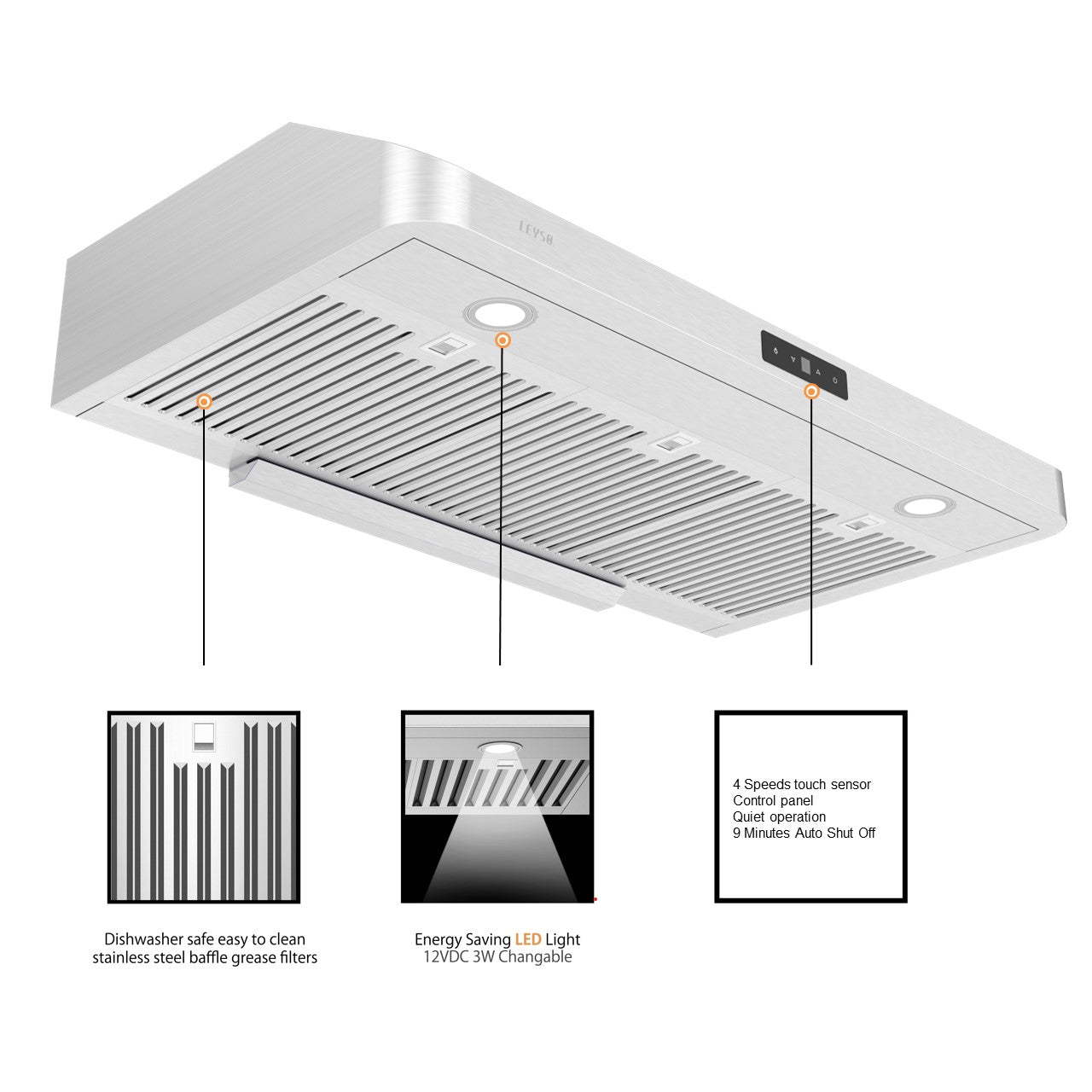 Leyso Simple 36" Under Cabinet Stainless Steel Range Hood, Digital 4-Speed Control, 900 CFM, 2 LED Lights, Baffle Filters