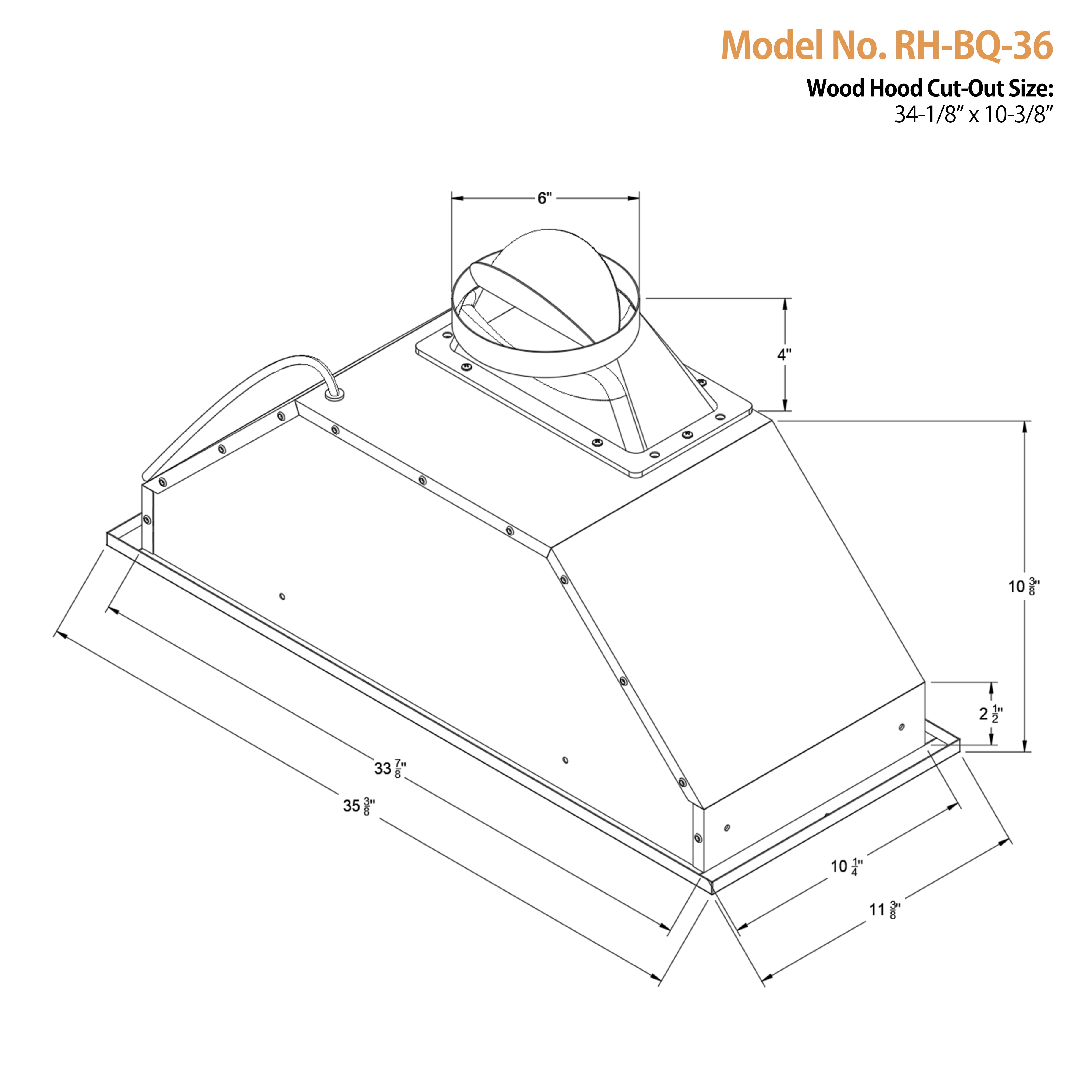 [Refurbished] Awoco RH-BQ-36 11-3/4"D Built-In Insert Stainless Steel Range Hood For Wood Hoods, 4 Speeds, 6” Round Top Vent, 600CFM, LED Lights