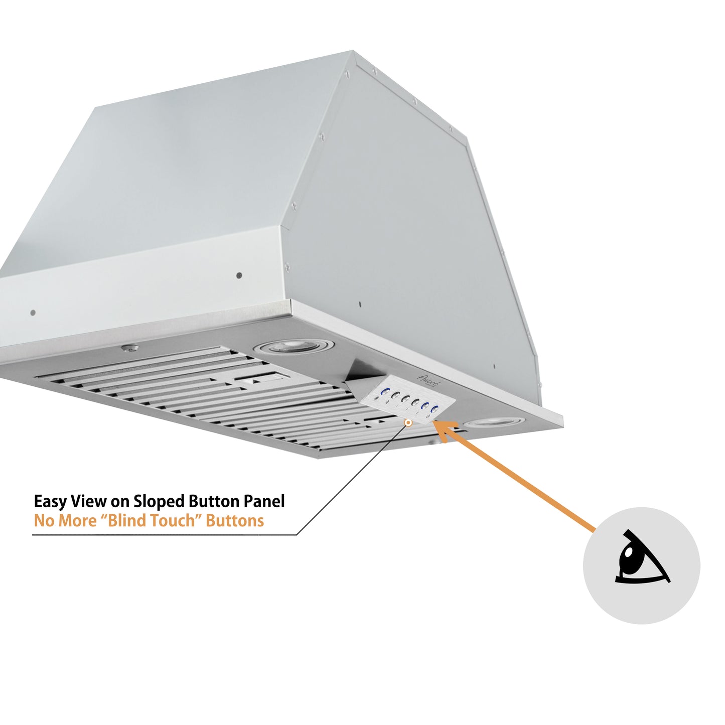 [Refurbished] Awoco RH-BQ-30 11-3/4"D Built-In Insert Stainless Steel Range Hood For Wood Hoods, 4 Speeds, 6” Round Top Vent, 600CFM, LED Lights