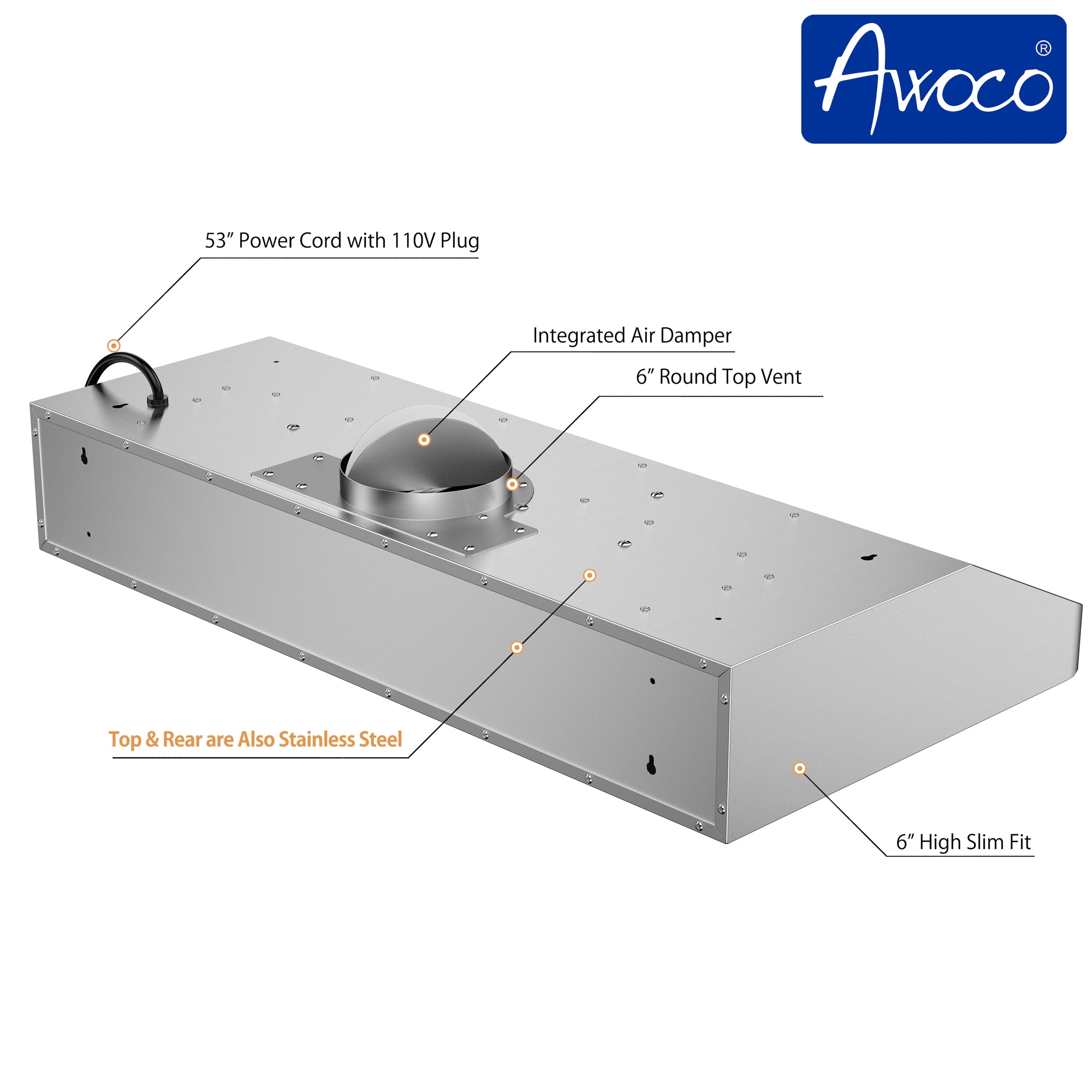 [Refurbished] Awoco RH-C06-36 Classic 6" High Stainless Steel Under Cabinet 4 Speeds 900CFM Range Hood with 2 LED Lights Top Vent (36"W Top Vent)