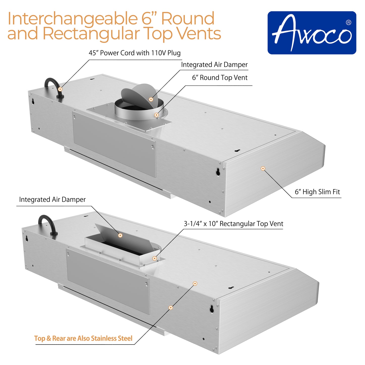 Awoco RH-C06-36 Classic 6" High Stainless Steel Under Cabinet 4 Speeds 900CFM Range Hood with 2 LED Lights Top Vent (36"W Top Vent)