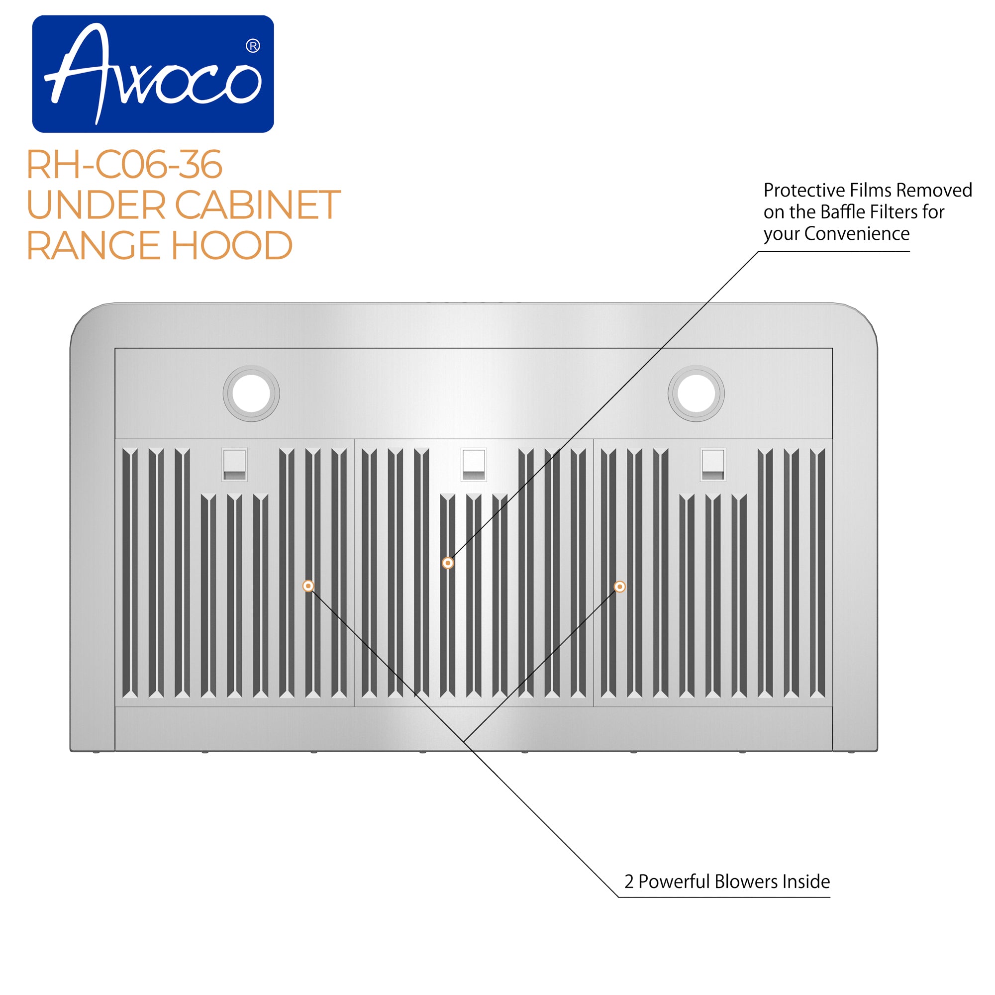 [Refurbished] Awoco RH-C06-36 Classic 6" High Stainless Steel Under Cabinet 4 Speeds 900CFM Range Hood with 2 LED Lights Top Vent (36"W Top Vent)