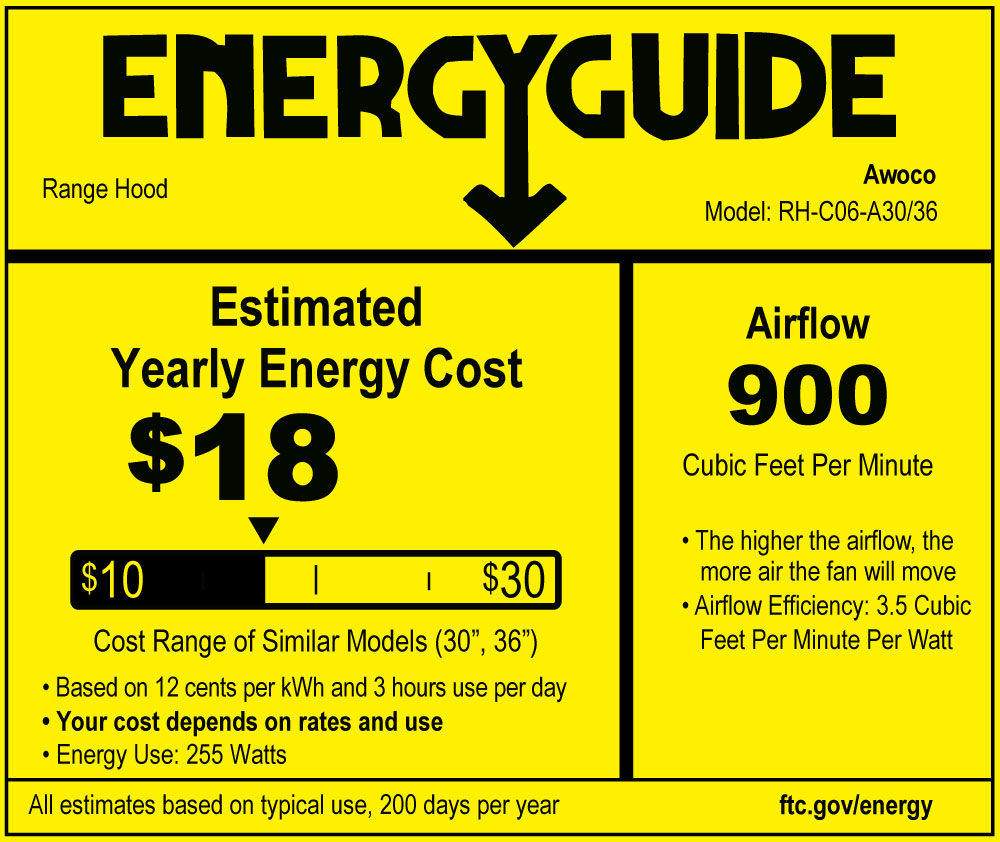 [Refurbished] Awoco RH-C06-A36 Classic 6” High 1mm Thick Stainless Steel Under Cabinet 4 Speeds 900 CFM Range Hood with 2 LED Lights & 2 Levels of Lighting (36" W All-In-One)