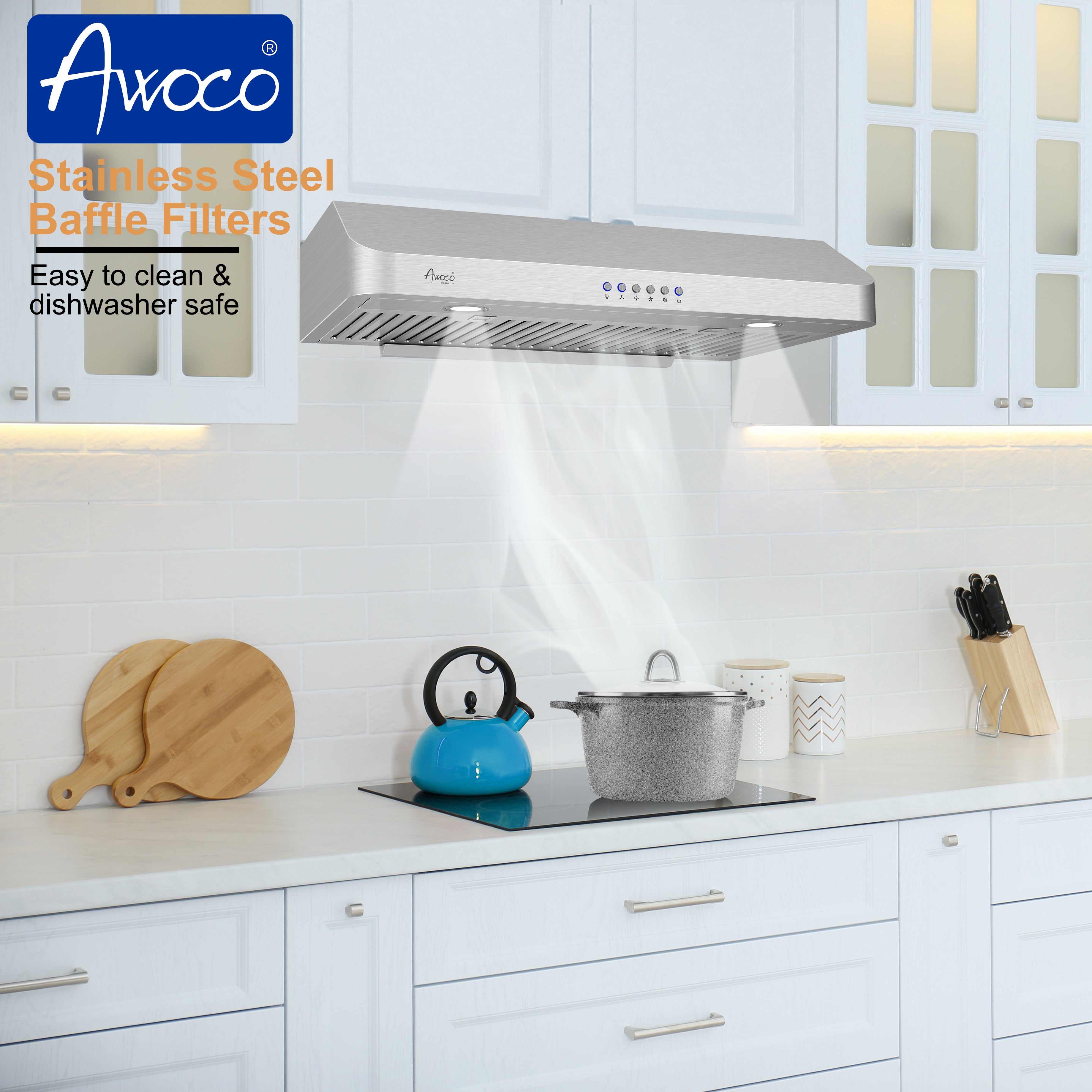 Awoco RH-C06-30 Classic 6" High Stainless Steel Under Cabinet 4 Speeds 900CFM Range Hood with 2 LED Lights (30"W Top Vent)