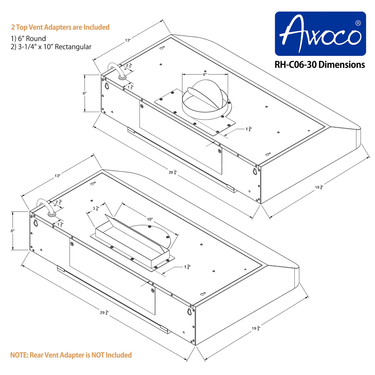 Awoco RH-C06-30 Classic 6" High Stainless Steel Under Cabinet 4 Speeds 900CFM Range Hood with 2 LED Lights (30"W Top Vent)