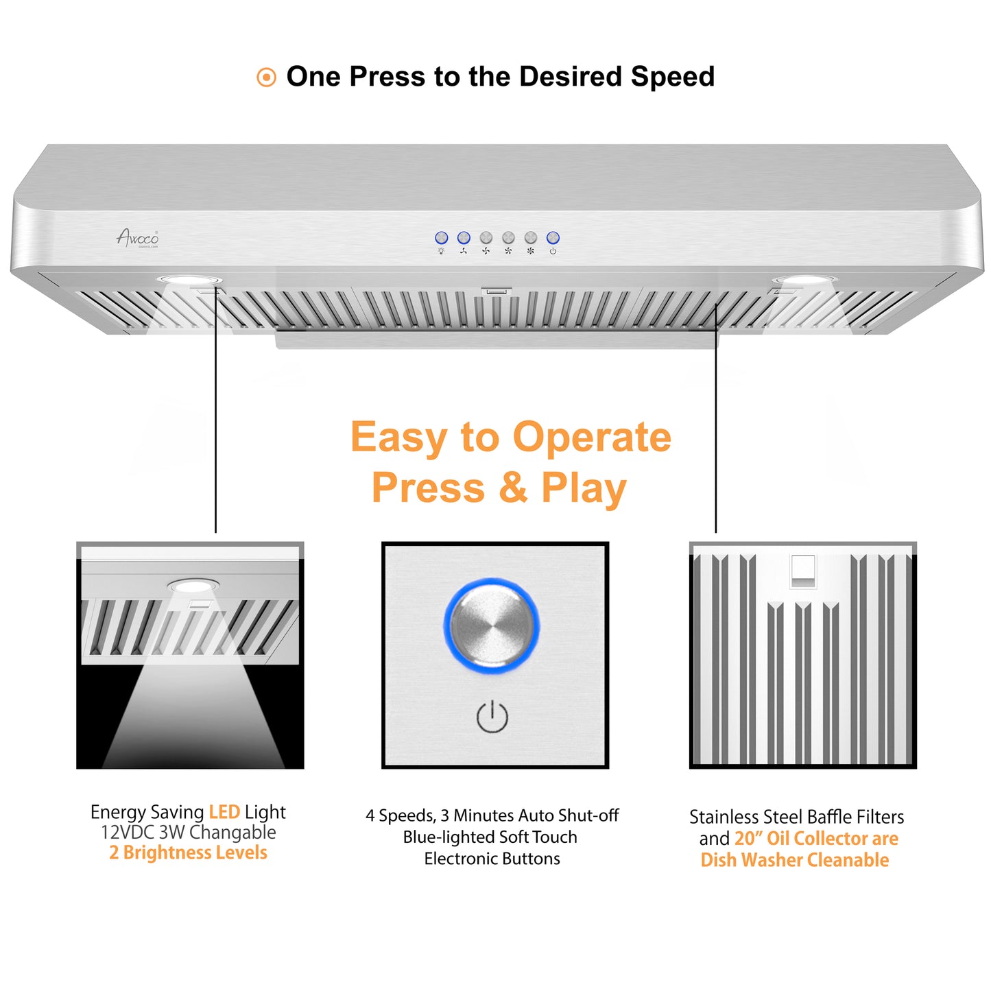 Awoco RH-C06-42 Classic 6" High Stainless Steel Under Cabinet 4 Speeds 900CFM Range Hood with 2 LED Lights (42"W Top Vent)