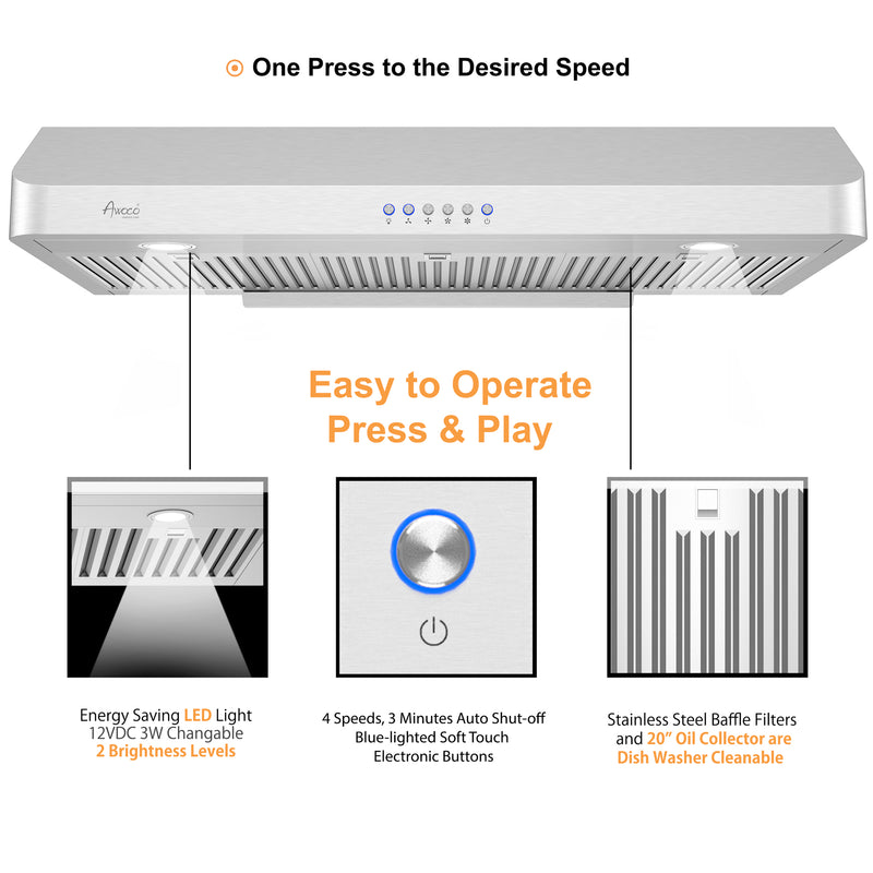 Awoco RH-C06-42 Classic 6" High Stainless Steel Under Cabinet 4 Speeds 900CFM Range Hood with 2 LED Lights (42"W Top Vent)