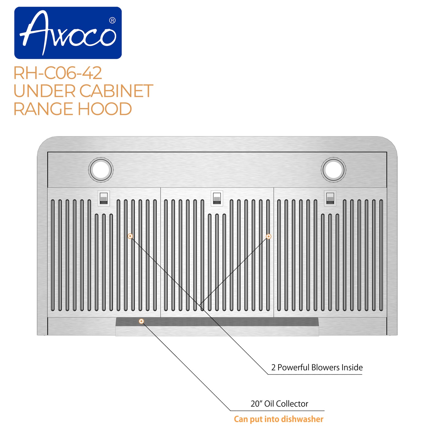 Awoco RH-C06-42 Classic 6" High Stainless Steel Under Cabinet 4 Speeds 900CFM Range Hood with 2 LED Lights (42"W Top Vent)