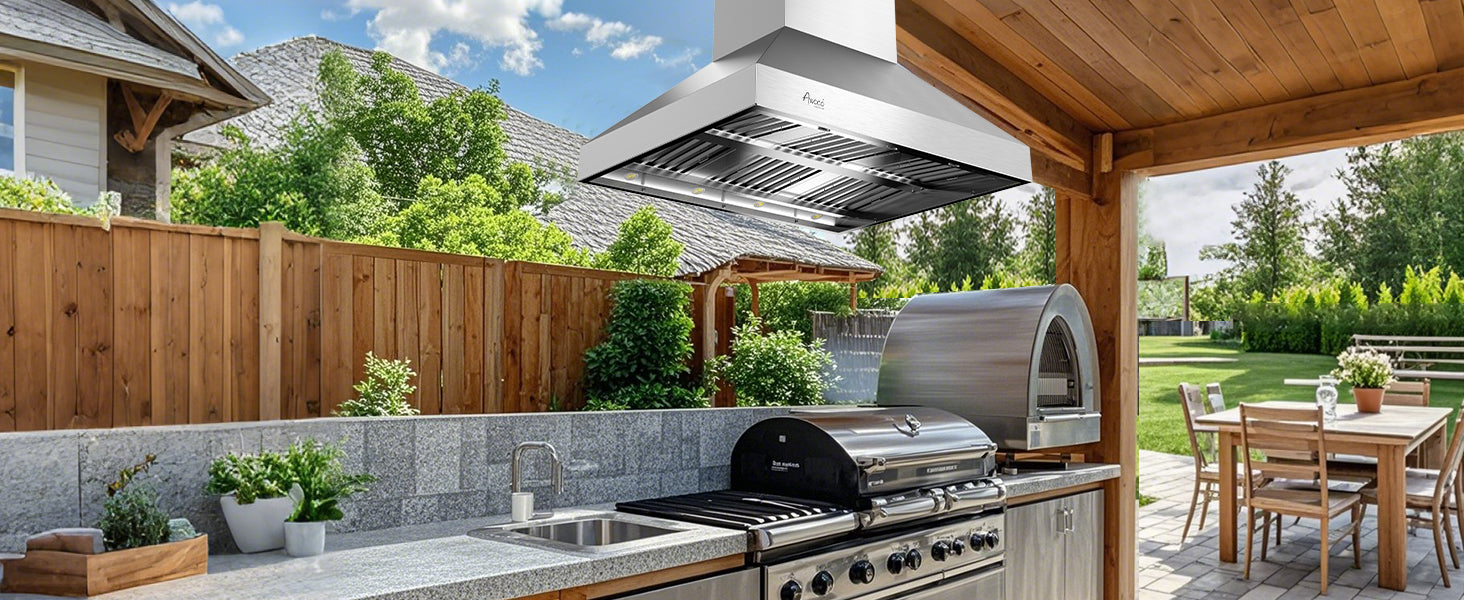 Awoco 48” Outdoor BBQ Island Mount Vent Hood Type 304 Stainless Steel, 4 Speeds 2000 CFM, Dual Blowers, Adjustable LED Lights, 2 x 8” Round Top Vents