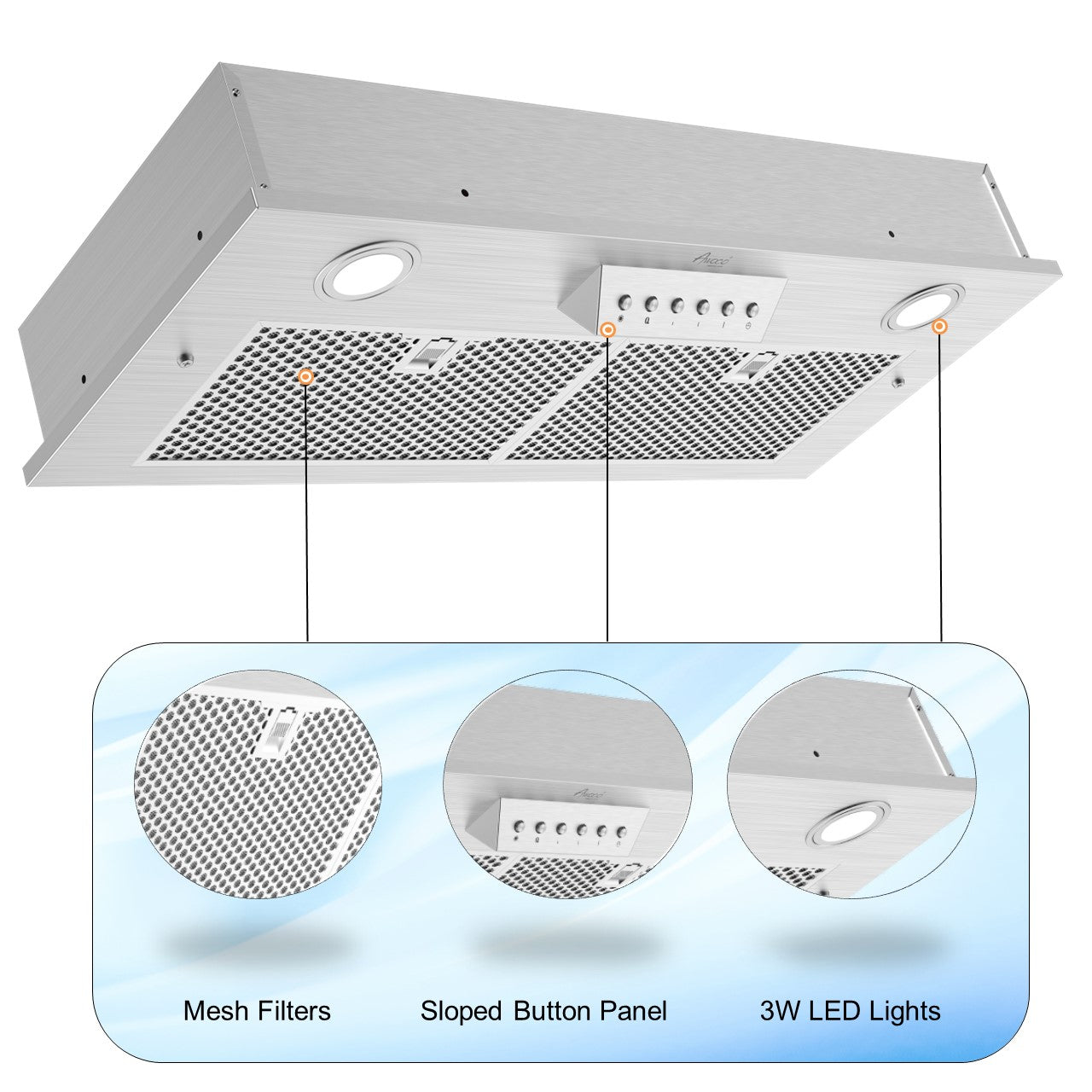 Awoco RH-IT06-30 11-3/4"D Super Quiet Split Insert Stainless Steel Range Hood, 4-Speed, 800 CFM, LED Lights, Mesh Filters with 6” Blower (30"W 6" Vent)