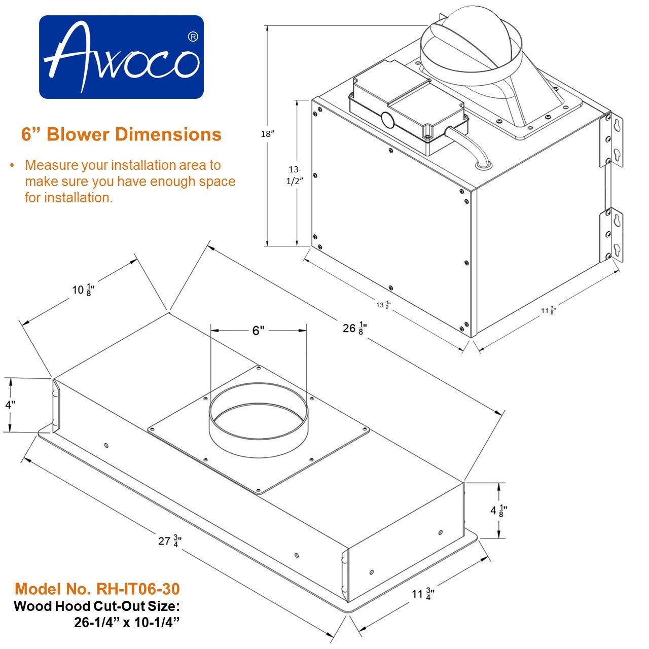 Awoco RH-IT06-30 11-3/4"D Super Quiet Split Insert Stainless Steel Range Hood, 4-Speed, 800 CFM, LED Lights, Mesh Filters with 6” Blower (30"W 6" Vent)