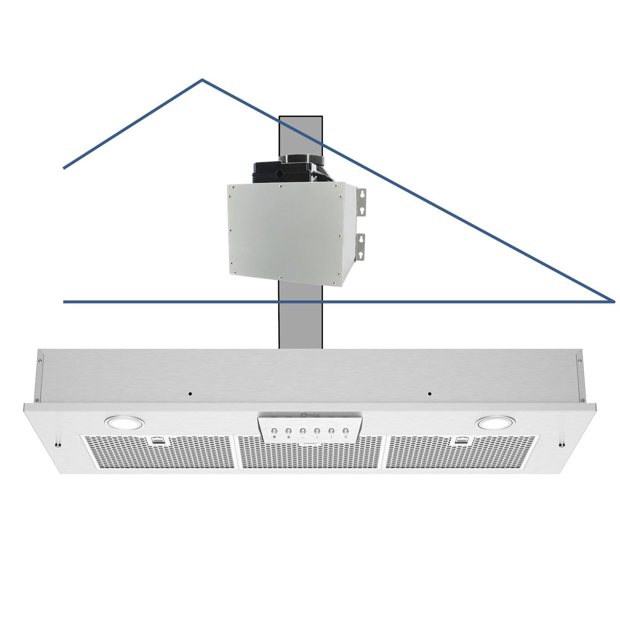 Awoco RH-IT06-36 11-3/4"D Super Quiet Split Insert Stainless Steel Range Hood, 4-Speed, 800 CFM, LED Lights, Mesh Filters with 6” Blower (36"W 6" Vent)