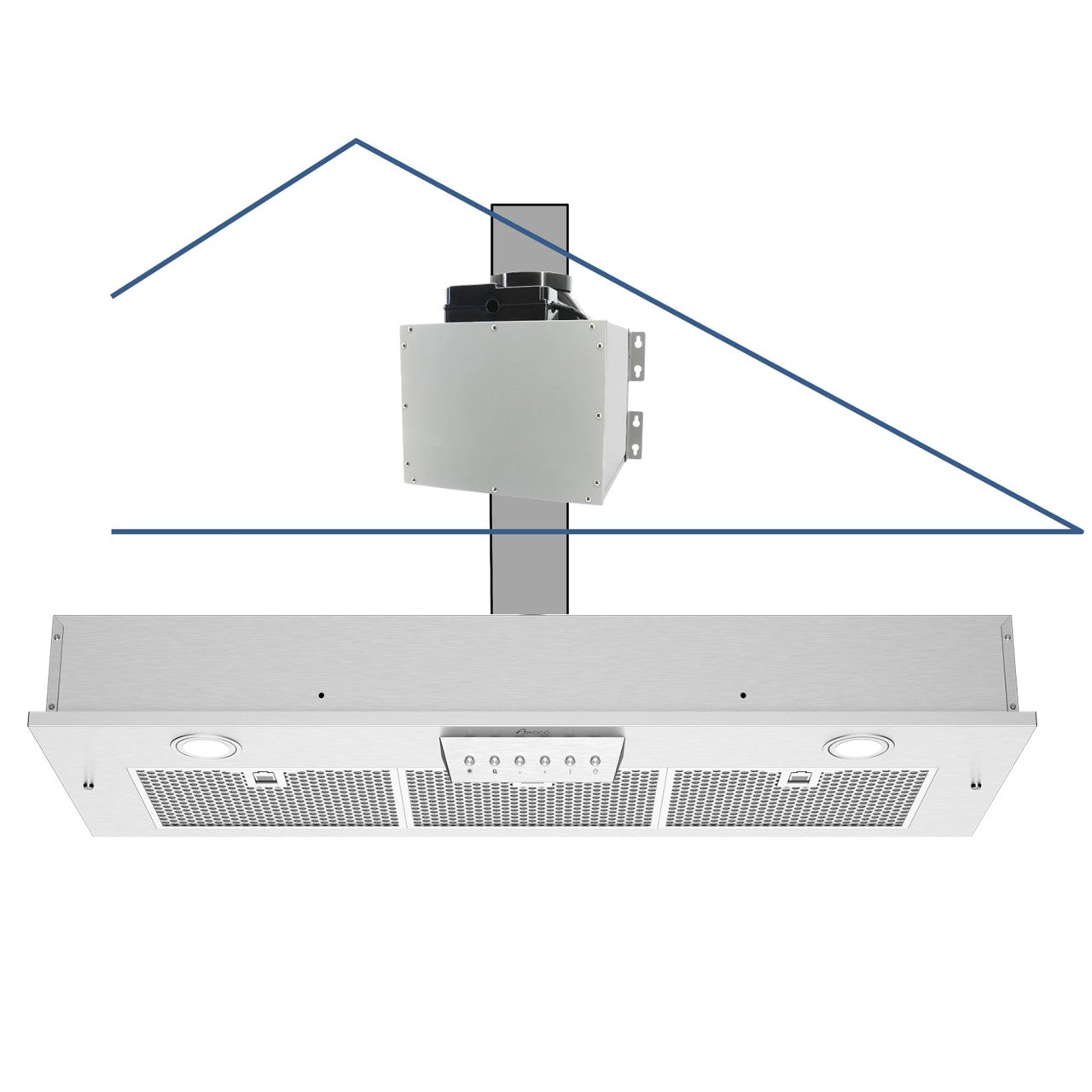 Awoco RH-IT06-M36 14-1/2"D Super Quiet Split Insert Stainless Steel Range Hood, 4-Speeds, 800 CFM, LED Lights with 6” Blower (36"W 6" Vent)