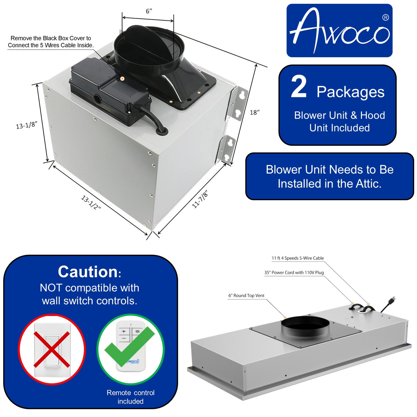 Awoco RH-IT06-R36 14-1/2”D Super Quiet Split Insert Ceiling Mount Stainless Steel Range Hood, 4-Speed, 800 CFM, LED Lights with 6” Blower & Remote Control (36"W 6" Vent)