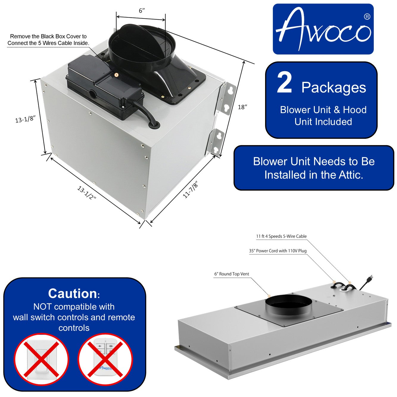 Awoco RH-IT06-M36 14-1/2"D Super Quiet Split Insert Stainless Steel Range Hood, 4-Speeds, 800 CFM, LED Lights with 6” Blower (36"W 6" Vent)