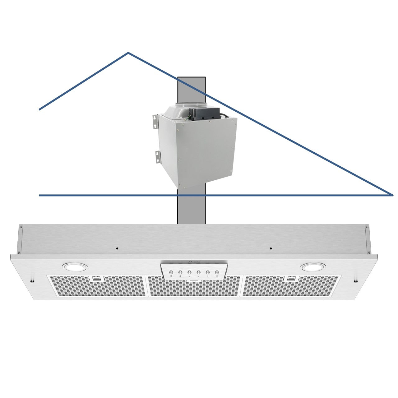 Awoco RH-IT08-M36 14-1/2"D Super Quiet Split Insert Stainless Steel Range Hood, 4-Speeds, 1000 CFM, Mesh Filters, LED Lights with 8” Blower (36"W 8" Vent)