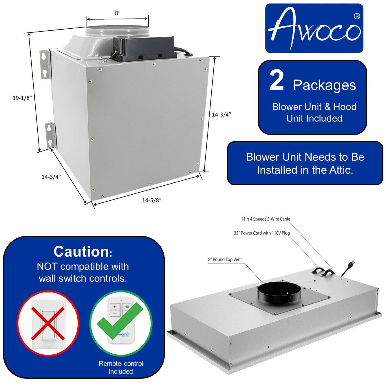 Awoco RH-IT08-R36 14-1/2”D Super Quiet Split Insert Ceiling Mount Stainless Steel Range Hood, 4-Speed, 1000 CFM, LED Lights with 8” Blower & Remote Control (36"W 8" Vent)