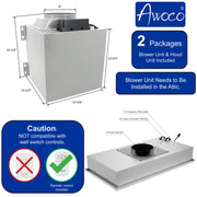 Awoco RH-IT08-R36 14-1/2”D Super Quiet Split Insert Ceiling Mount Stainless Steel Range Hood, 4-Speed, 1000 CFM, LED Lights with 8” Blower & Remote Control (36"W 8" Vent)