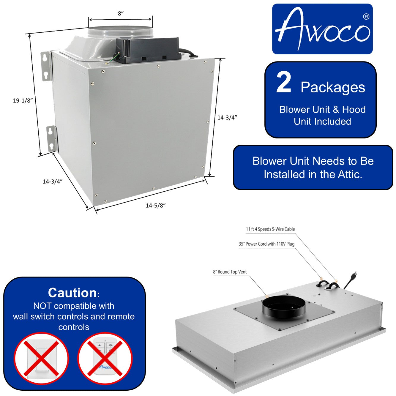 Awoco RH-IT08-M36 14-1/2"D Super Quiet Split Insert Stainless Steel Range Hood, 4-Speeds, 1000 CFM, Mesh Filters, LED Lights with 8” Blower (36"W 8" Vent)