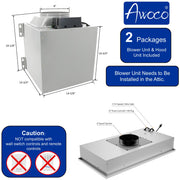 Awoco RH-IT08-M36 14-1/2"D Super Quiet Split Insert Stainless Steel Range Hood, 4-Speeds, 1000 CFM, Mesh Filters, LED Lights with 8” Blower (36"W 8" Vent)