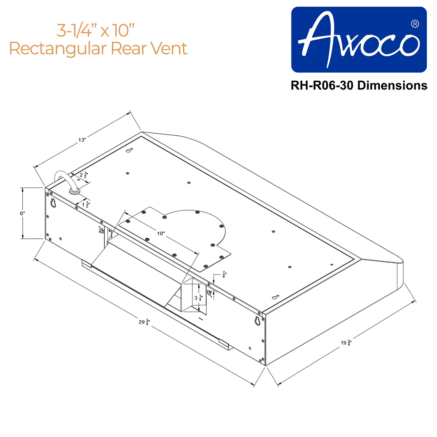 Awoco RH-R06-30 Rectangle Vent 6" High Stainless Steel Under Cabinet 4 Speeds 900CFM Range Hood with LED Lights (30"W Rear Vent)