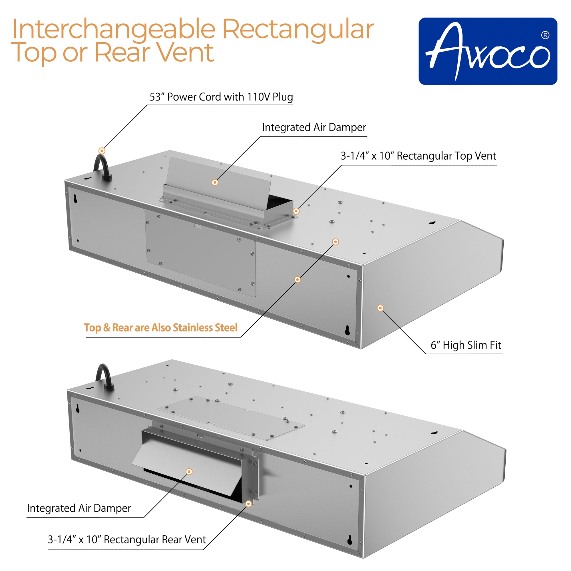 [Refurbished] Awoco RH-R06-36 Classic 6" High Stainless Steel Under Cabinet 4 Speeds 900CFM Range Hood with 2 LED Lights Top Vent (36"W Rear Vent)